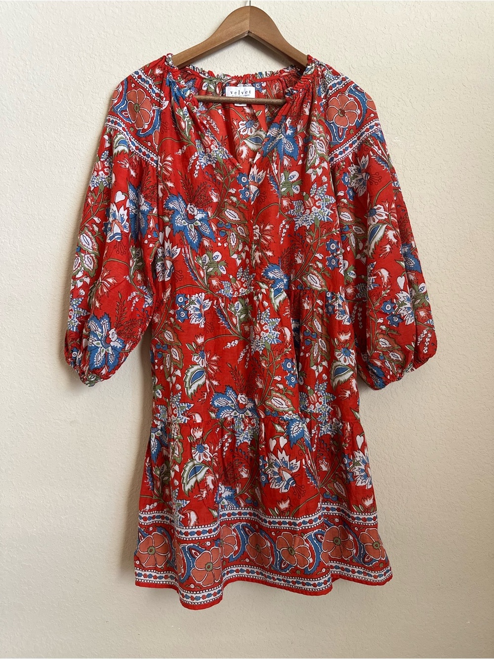 Velvet by Graham & Spencer Lilah Printed Boho Cotton Mini Dress Rouge XS
